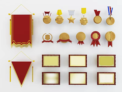 Trophy Medal Display with Red Ribbons Golden Banners and Certificate Frames 3d model