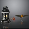 Vintage Lit Lantern With Glass Panes And Flying Bird Near Red Berries On Dark Background