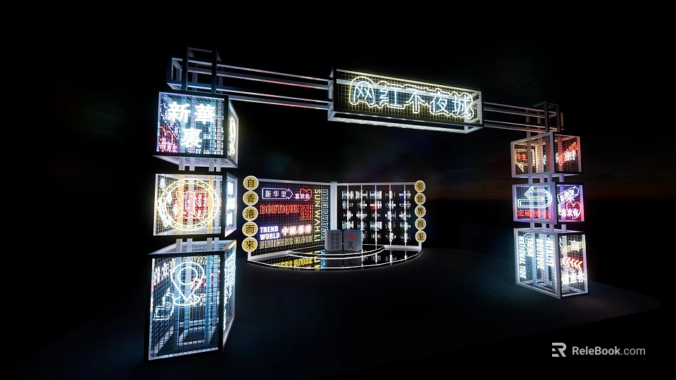 Illuminated Neon Structure With Multiple Bright Colorful Signs At Night 3d model