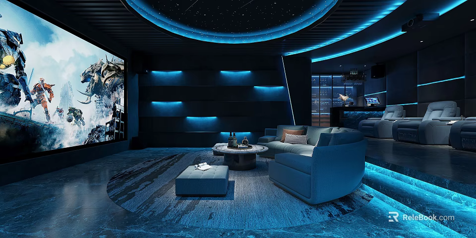 Modern Home Theater Room With Starry Ceiling Large Screen Blue Lighting And Comfortable Sofa Rug 3d model 