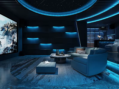 Modern Home Theater Room With Starry Ceiling Large Screen Blue Lighting And Comfortable Sofa Rug 3d model