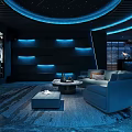 Modern Home Theater Room With Starry Ceiling Large Screen Blue Lighting And Comfortable Sofa Rug