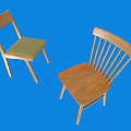 Wooden Single Chairs With Slat Back And Upholstered Seat On Blue Background