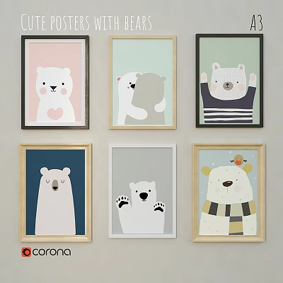 Cute Polar Bear Design Photo Frames With Adorable Illustrations For Wall Decor 3d model