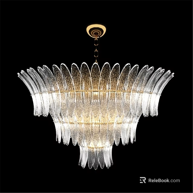 Elegant Modern Crystal Chandelier With Feather Shaped Glass Design And Illuminated Light 3d model 