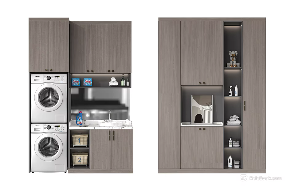 Modern Bathroom Cabinetry With Washing Machine Sink Shelves And Storage Space 3d model 