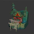 Traditional Japanese Shrine Building With Red Roof Torii Gate Green Pine Trees And Stone Steps