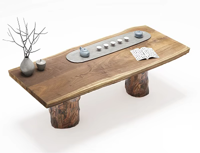 Natural Wooden Table With Traditional Tea Set Tray Cups Candles And Decorative Branches 3d model