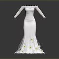 Elegant White Long Dress with Off Shoulder Long Sleeves and Small White Yellow Flowers