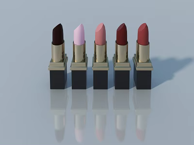 Elegant Five Lipsticks In Different Shades With Gold Lids Black Bases On Smooth Surface Reflections 3d model