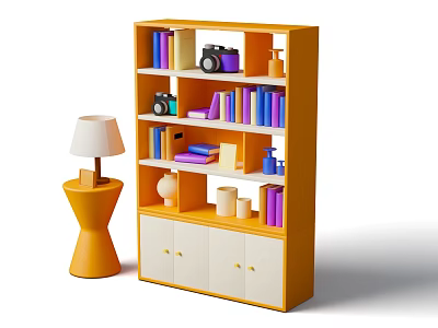 Modern Yellow Bookcase with Books Camera Decorative Ornaments and Side Table Lamp 3d model