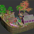 Whimsical Cartoon Scenic Model With Small Houses Tall Trees Wooden Gazebo And Winding Pathways