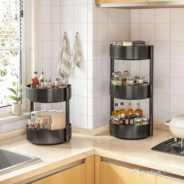Black Multilayer Rotating Kitchen Corner Storage Rack With Spices Bottles And Organizer 3d model