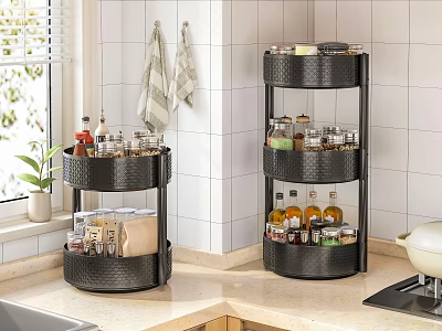 Black Multilayer Rotating Kitchen Corner Storage Rack With Spices Bottles And Organizer 3d model