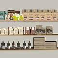 Various Packaged Food Products on Wooden Shelves Including Boxes Bags and Bottles