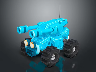 Blue Military Vehicle Toy Model With Dual Cannons Large Tires Headlights And Antenna 3d model
