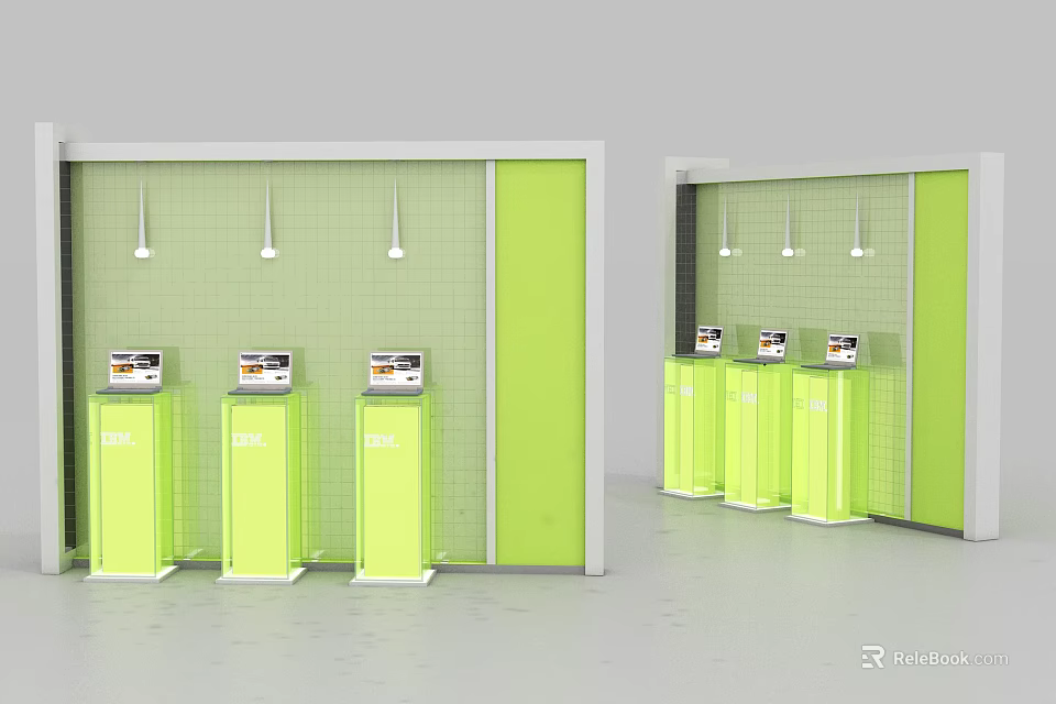 Green Display Shelves With Multiple Units Grid Patterned Wall And Ceiling Lighting For Product 3d model