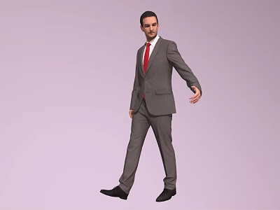 Man walking in gray suit with red tie against light purple background extending right hand 3d model