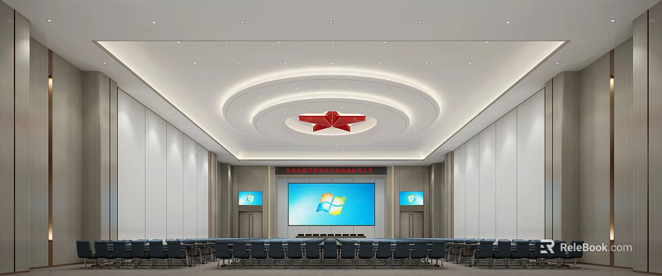 Modern Conference Room With Circular Ceiling Red Emblem Large Screen Windows Logo And Seats 3d model 