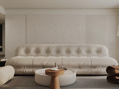 Modern Living Room Interior With Tufted Beige Sofa Round Coffee Table And Neutral Walls 3d model