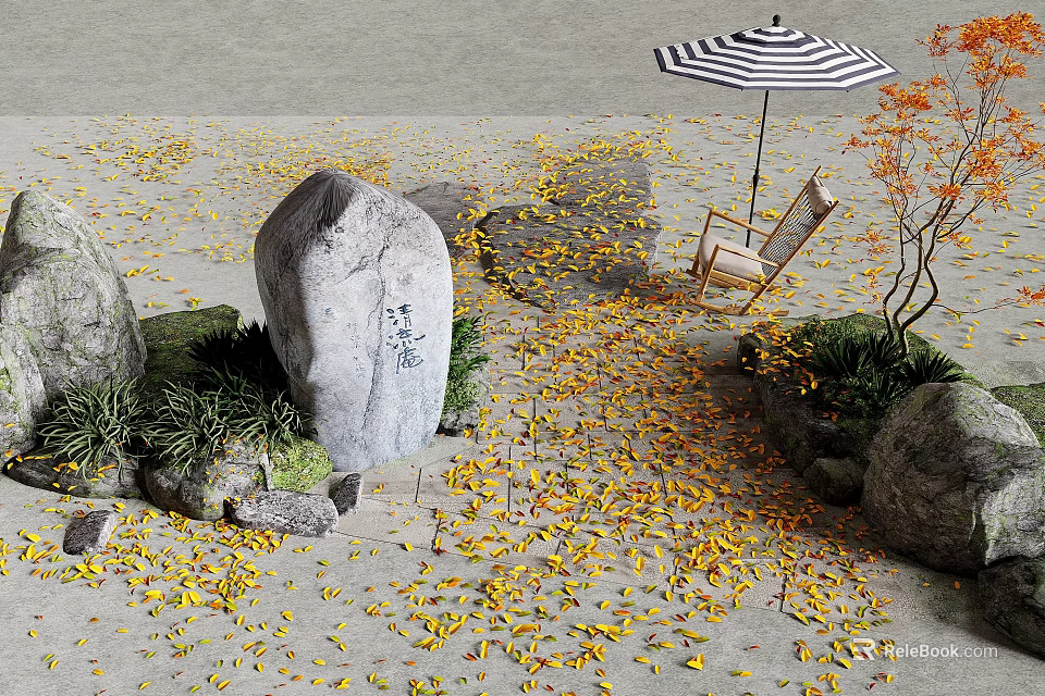 Outdoor Relaxation Space With Striped Umbrella Wooden Chair Yellow Leaves Rocks And Plants 3d model 