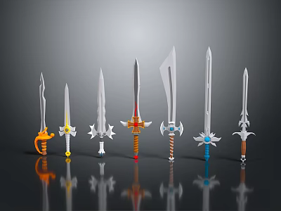 Various Designed Swords with Colorful Hilts and Decorations Arranged on Gray Background with Reflections 3d model