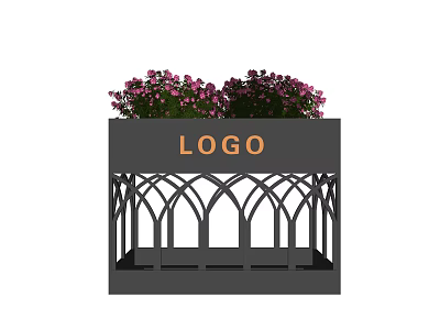 Decorative Flower Planter with Orange LOGO Purple Flowers and Arch Design 3d model