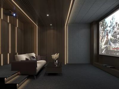 Elegant Home Theater Interior Design With Wooden Walls Recessed Lighting And Large Screen 3d model