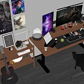 Modern Entertainment Room Setup With Dual Monitors Guitar Posters And Wooden Desk