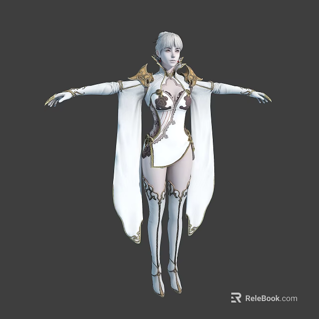 3D Female Fantasy Character Wearing White And Gold Outfit With Long Hair And Outstretched Arms 3d model 