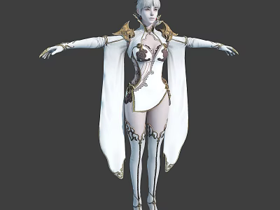 3D Female Fantasy Character Wearing White And Gold Outfit With Long Hair And Outstretched Arms 3d model