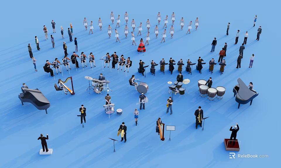 Many People Playing Various Musical Instruments On Blue Background During Music Performance Activity 3d model 