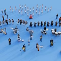 Many People Playing Various Musical Instruments On Blue Background During Music Performance Activity