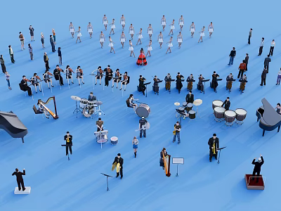Many People Playing Various Musical Instruments On Blue Background During Music Performance Activity 3d model