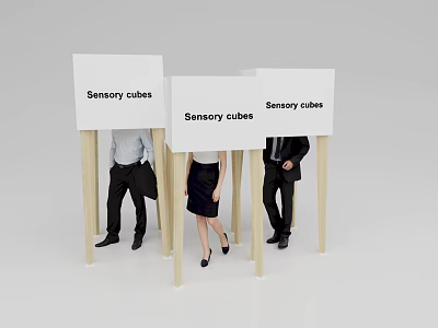 Sensory Cubes With White Panels And Wooden Poles Among Standing People 3d model