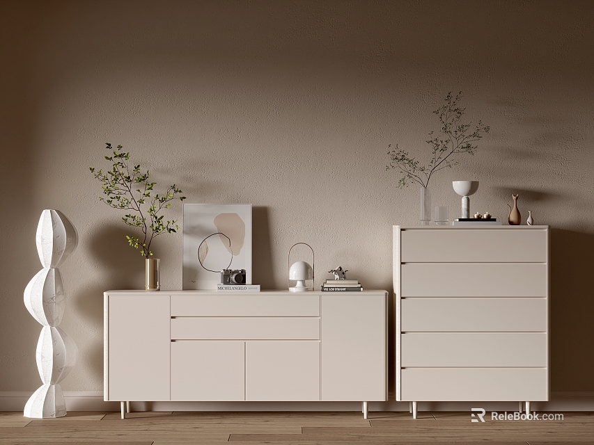 White Entryway Cabinet And Side Cabinet With Plants Lamp Wall Art And Wooden Floor 3d model 