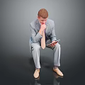 Man In Gray Suit Sitting Holding Tablet With Hand On Mouth Thinking