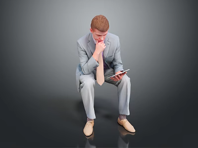 Man In Gray Suit Sitting Holding Tablet With Hand On Mouth Thinking 3d model