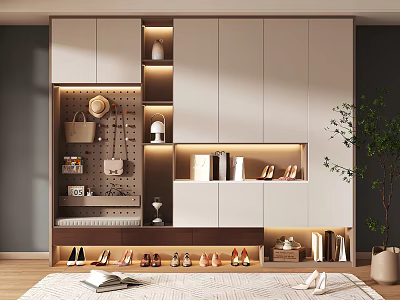 Modern Minimalist Shoe Cabinet Design With LED Lighting Multiple Shelves And Storage 3d model