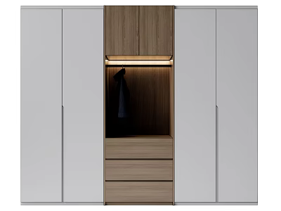 Modern White and Wood Wardrobe with Drawers Open Compartment and LED Lighting 3d model