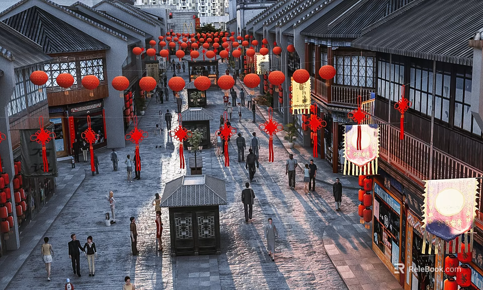 Vibrant Traditional Commercial Street With Hanging Red Lanterns Ancient Architecture Shops And Pedestrians 3d model 