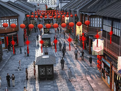 Vibrant Traditional Commercial Street With Hanging Red Lanterns Ancient Architecture Shops And Pedestrians 3d model