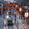Vibrant Traditional Commercial Street With Hanging Red Lanterns Ancient Architecture Shops And Pedestrians