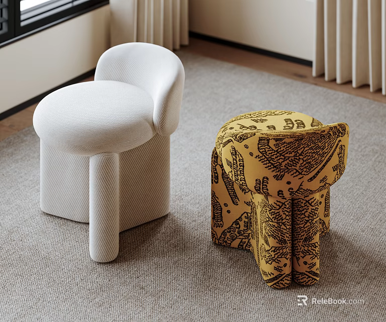 Modern Interior Design With White Stool And Yellow Patterned Stool 3d model