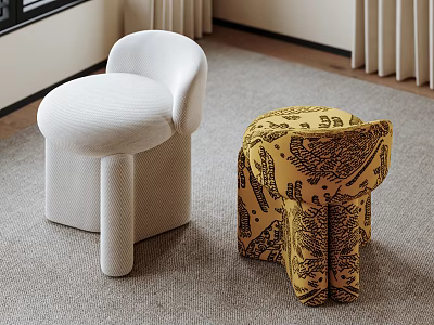 Modern Interior Design With White Stool And Yellow Patterned Stool 3d model
