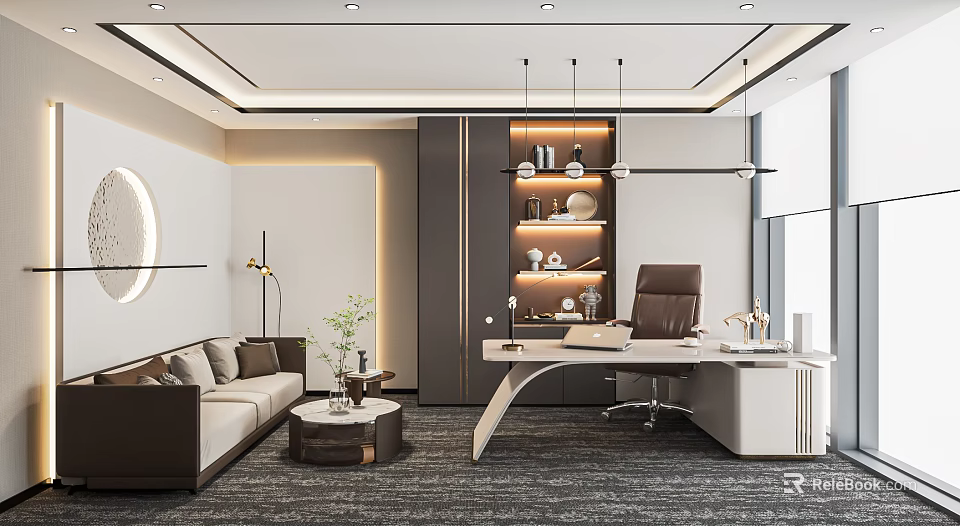 Modern Office Interior With Sofa Coffee Table Desk Chair And Decorative Shelf 3d model 
