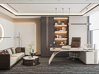 Modern Office Interior With Sofa Coffee Table Desk Chair And Decorative Shelf 3d model