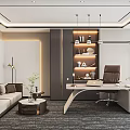 Modern Office Interior With Sofa Coffee Table Desk Chair And Decorative Shelf