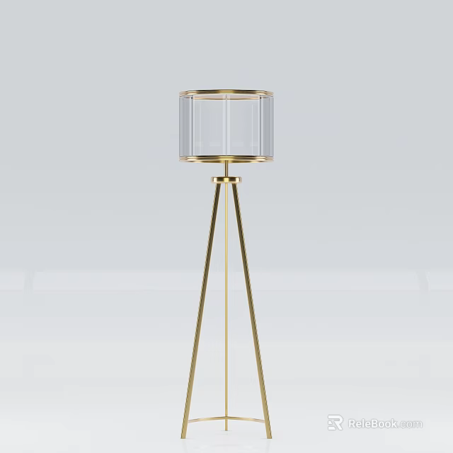 Modern Gold Floor Lamp with Transparent Cylinder Lampshade and Tripod Base 3d model 
