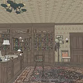 Vintage Office Interior With Wooden Bookshelves Fireplace Chandelier Desk Chair And Area Rug